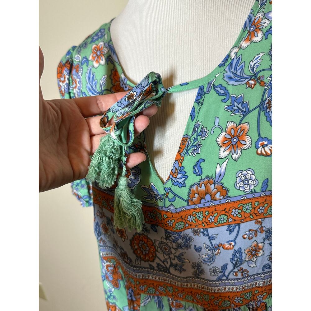 anna-kaci Green Dress Short Sleeve V Neck Knee Length, Floral Boho Sz L NWT - Picture 5 of 12